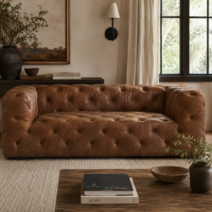 Brown leather sofa in a living room with decor elements.