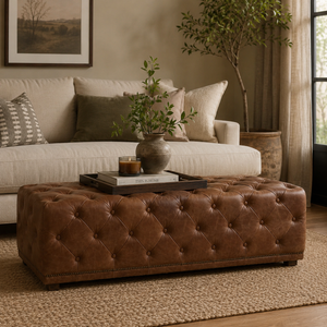 A brown tufted leather ottoman in a styled living room setting, positioned in front of a cream sofa and decorated with a tray, book, and a small potted plant.