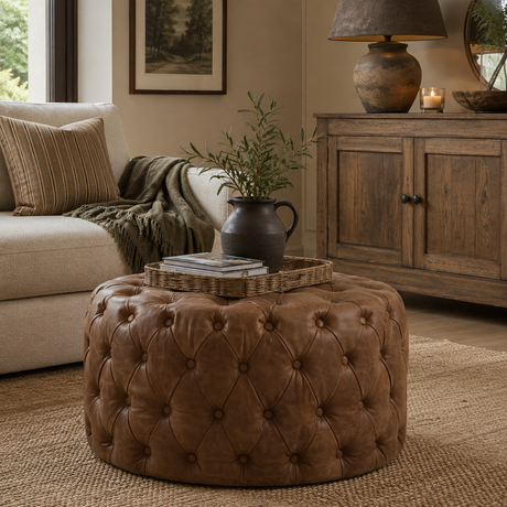 A round brown tufted leather ottoman in a cozy living room setting, styled with a wicker tray, a dark ceramic vase with greenery, and books on top.