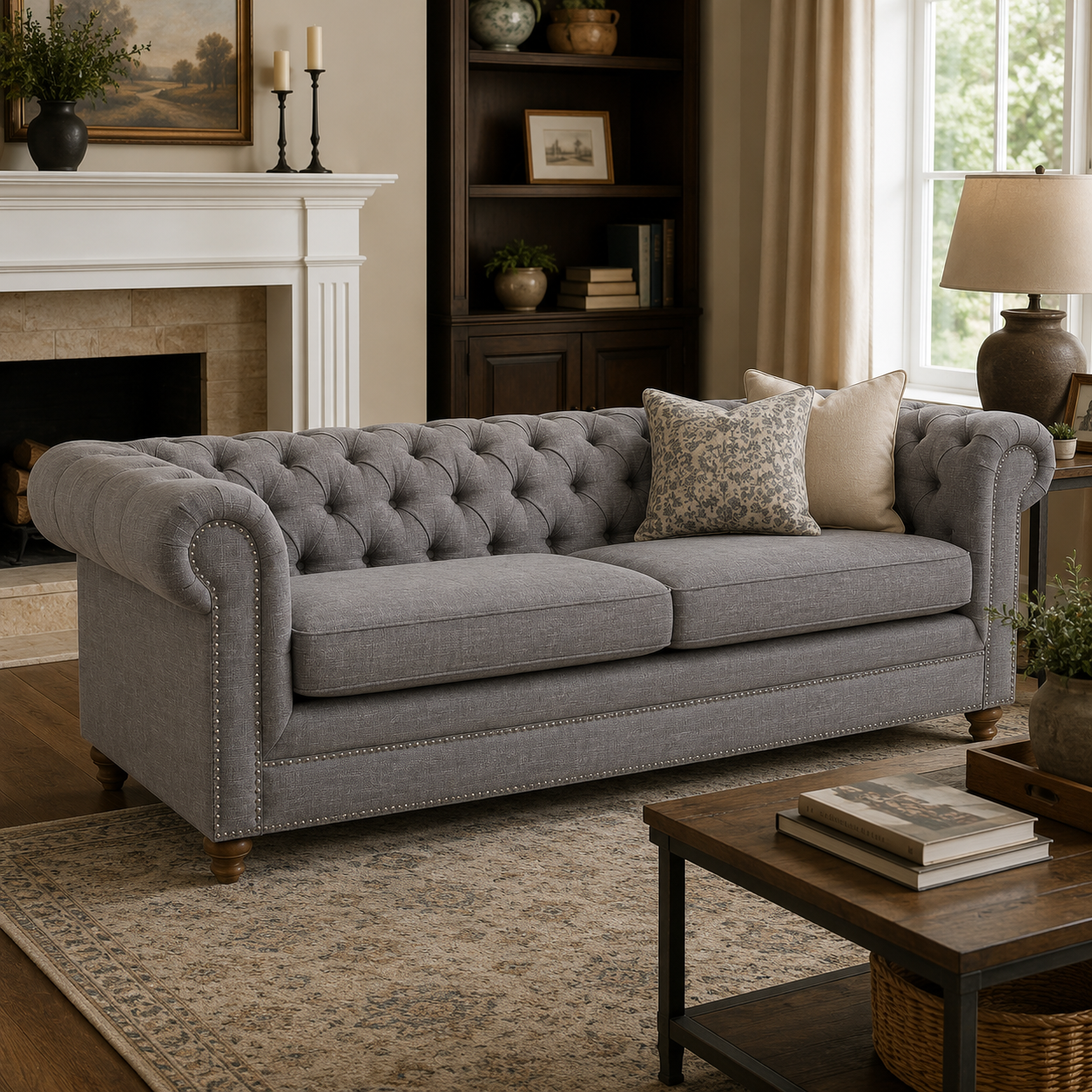 Esme three seater grey linen chesterfield sofa in a cosy room setting