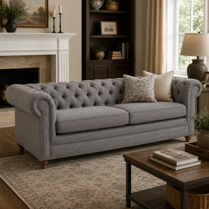 Esme three seater grey linen chesterfield sofa in a cosy room setting