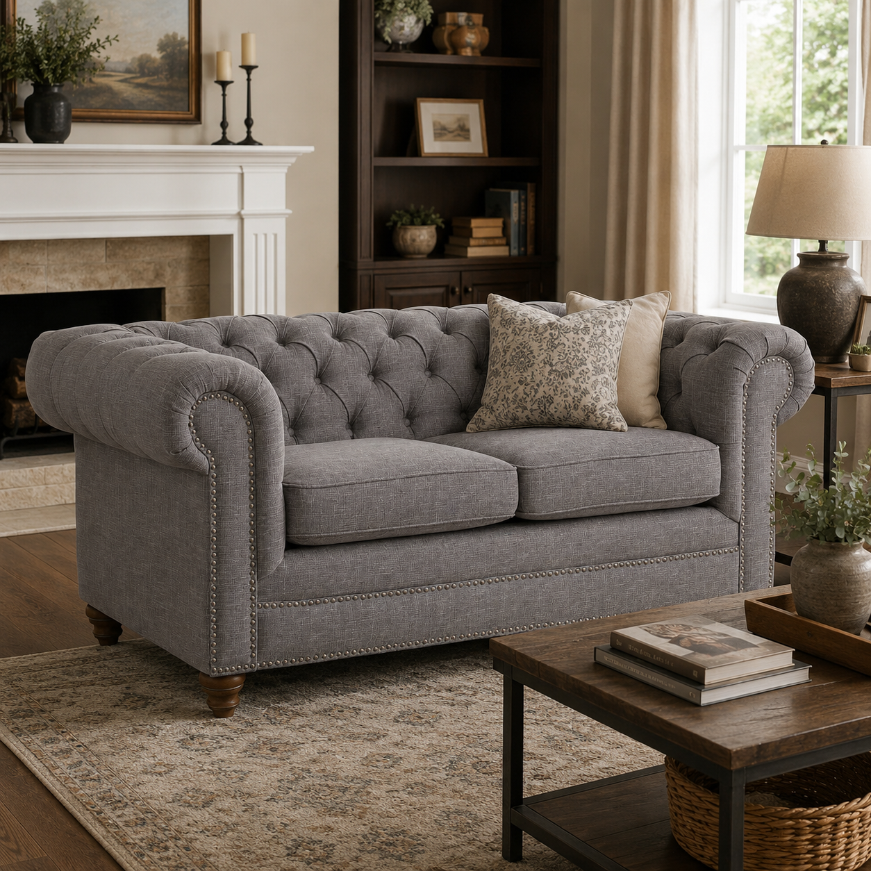 Esme grey linen chesterfield sofa in a cosy room setting