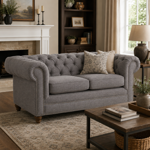 Esme grey linen chesterfield sofa in a cosy room setting