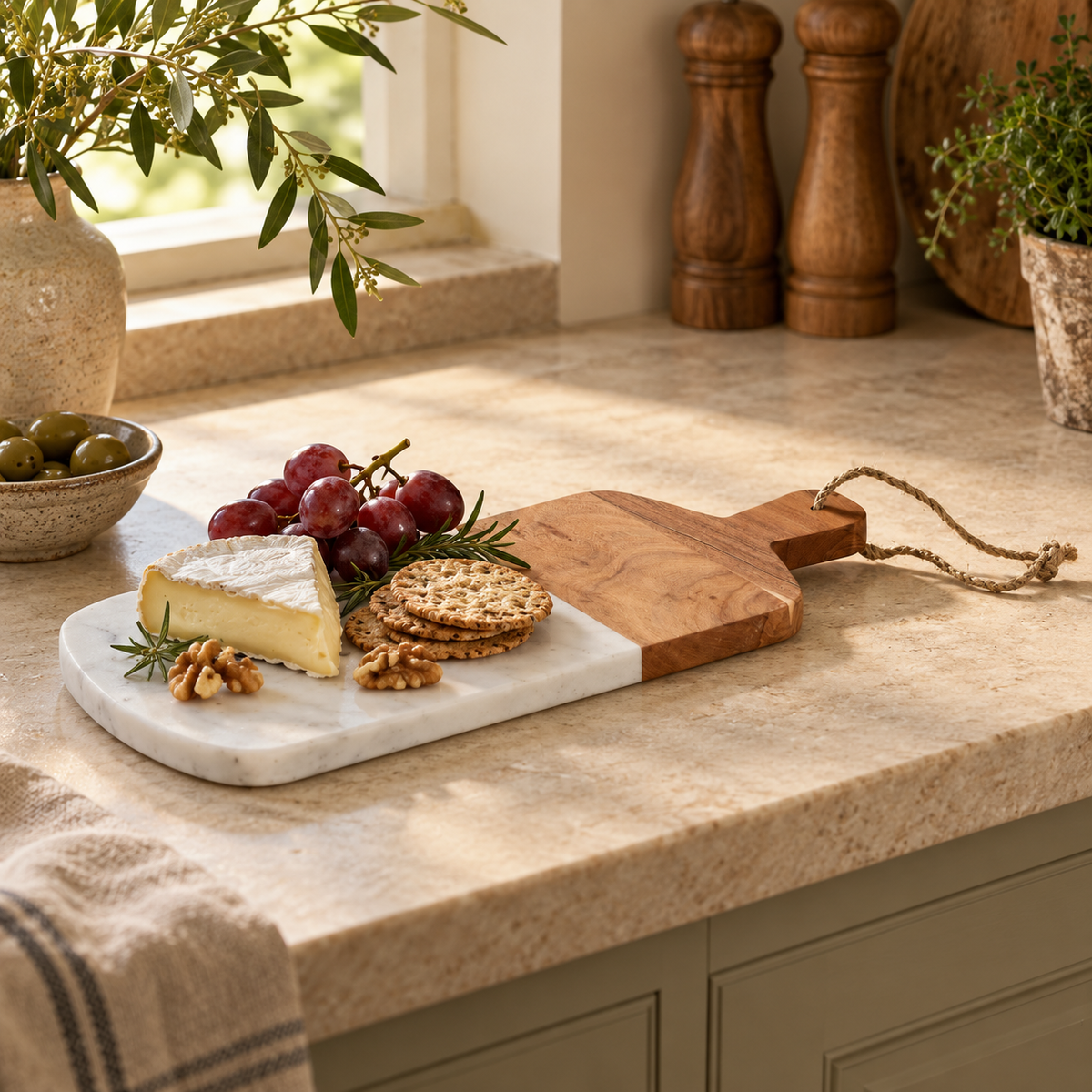 The Loxley Rectangular Marble and Acacia Wood Paddle Board with cheese, grapes, walnuts and crackers on a kitchen worktop.