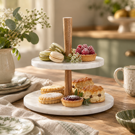 The Loxley Two Tier Marble and Acacia Wood Cake Stand with macarons, scones and tarts on a wooden table set for afternoon tea.