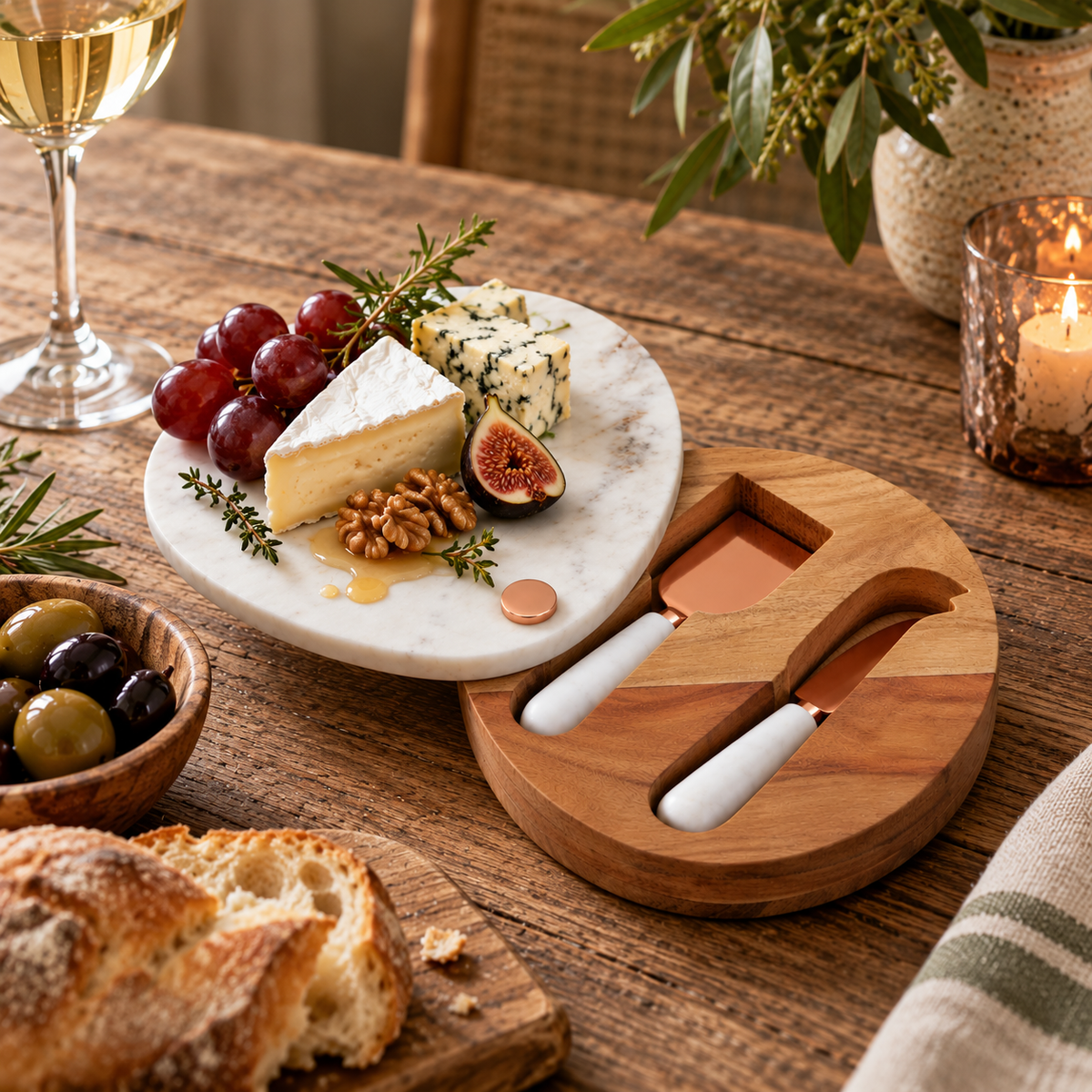The Loxley Marble Cheese Board swivelled open with cheese, figs and grapes on top and two cheese knives stored in the wooden base, on a dining table.
