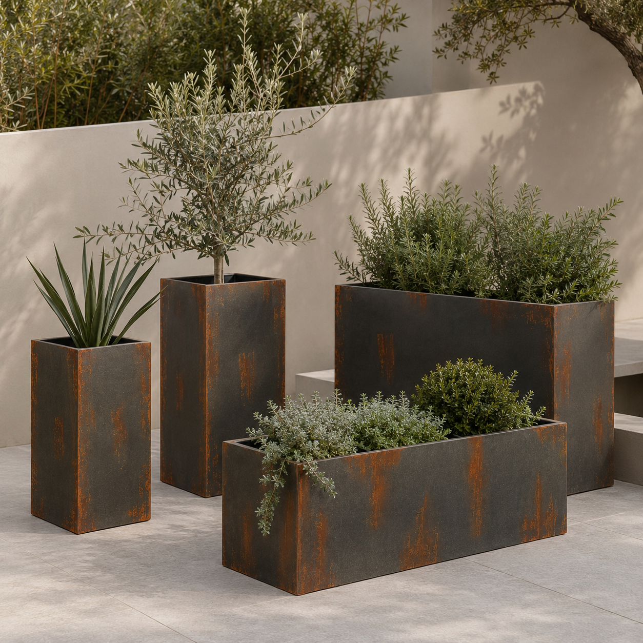 A set of four outdoor planters with rust decorative detail in a Mediterranean style garden setting with beige walls and plants