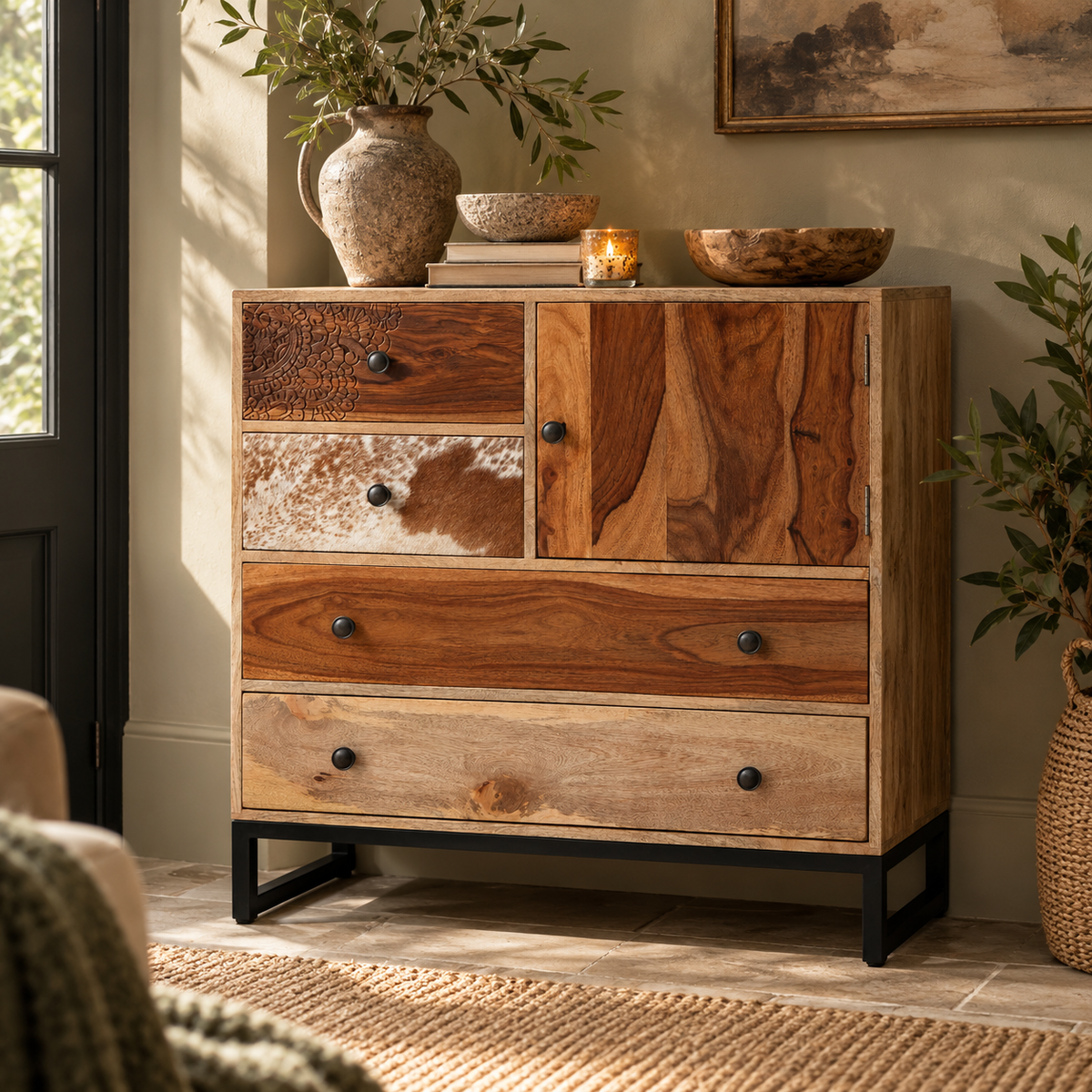 Folklore mango wood sideboard with cowhide drawer and black metal base, styled with a vase and bowls