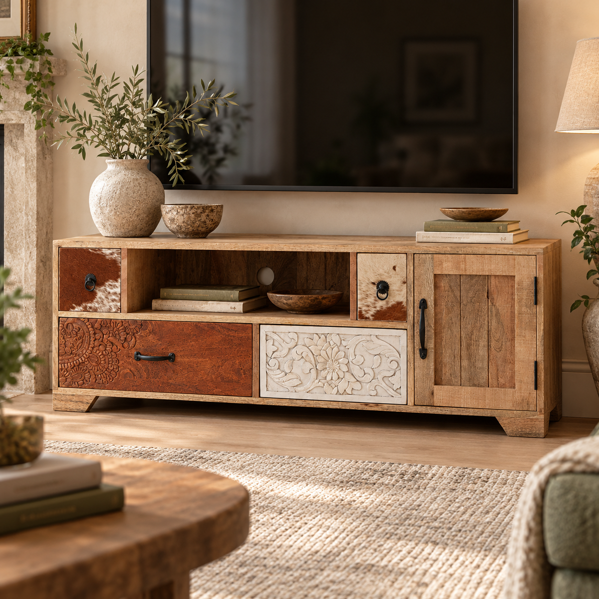 Folklore mango wood and leather media unit styled with a vase, books and plants beneath a television