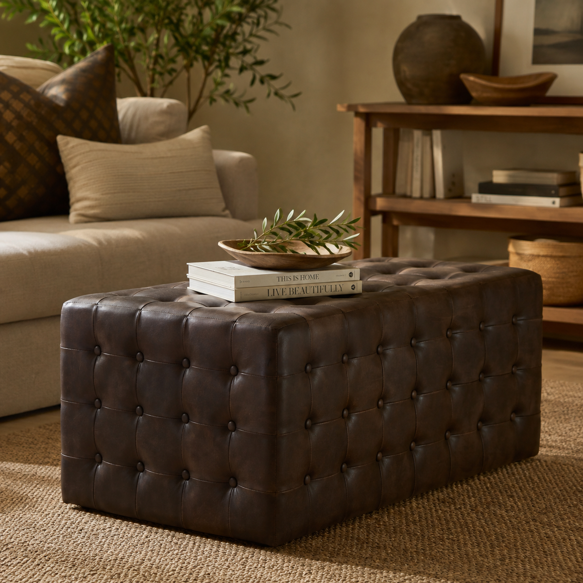 A dark brown tufted leather ottoman in a cozy living room setting, styled with books and a decorative leafy branch on top.