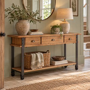 A rustic wood console table with black metal legs and casters, styled in a home entryway with a lamp, potted plant, and baskets.