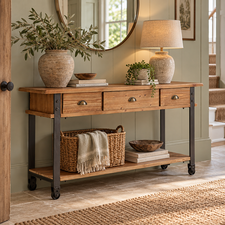 A rustic wood console table with black metal legs and casters, styled in a home entryway with a lamp, potted plant, and baskets.