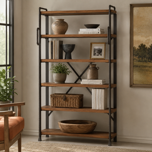 A tall six-tier wooden bookcase with black metal frame supports, styled with books, vases, a basket, and a bowl in a warm, neutral-toned room.