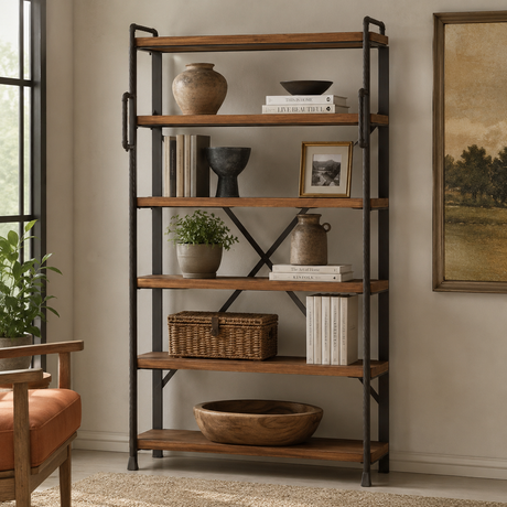 A tall six-tier wooden bookcase with black metal frame supports, styled with books, vases, a basket, and a bowl in a warm, neutral-toned room.
