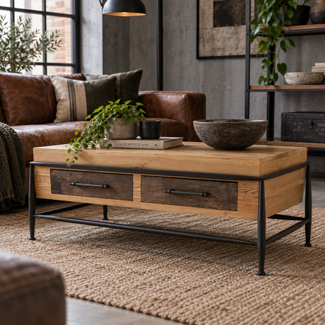 A rustic two-drawer coffee table with a light oak wood top, dark wood drawer fronts, and a black metal frame, styled in a cosy living room setting.