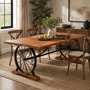Dining room with chairs and a wooden table featuring wagon wheel legs