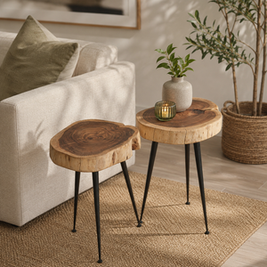 Foundry set of 2 acacia wood tables on a woven rug beside a cream linen sofa