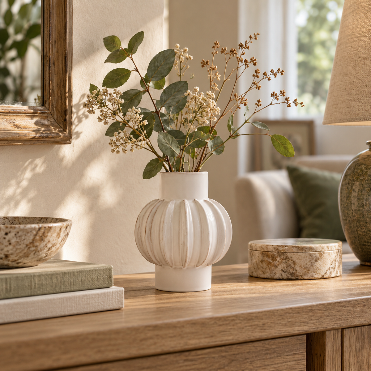 Freya cream stoneware bubble vase with dried flowers and greenery on a wooden sideboard