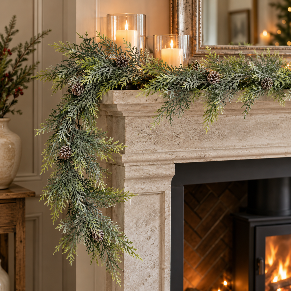 Frosted pine garland with pinecones draped along a stone fireplace mantel above a lit wood burner