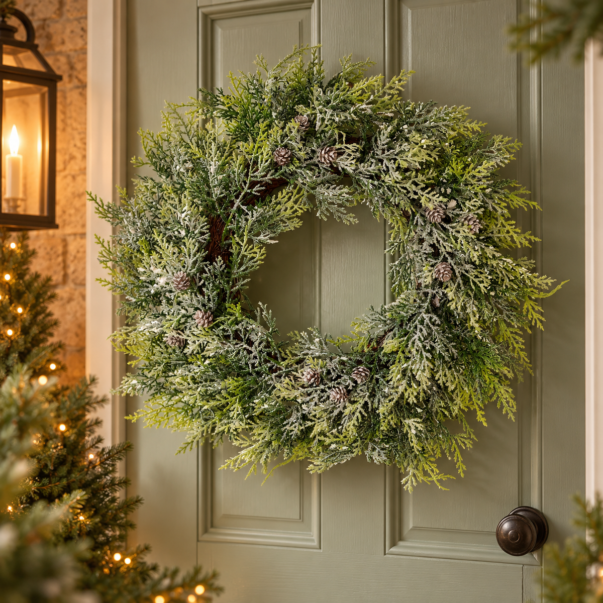 Frosted pine wreath with pinecones hanging on a sage green front door beside a lantern