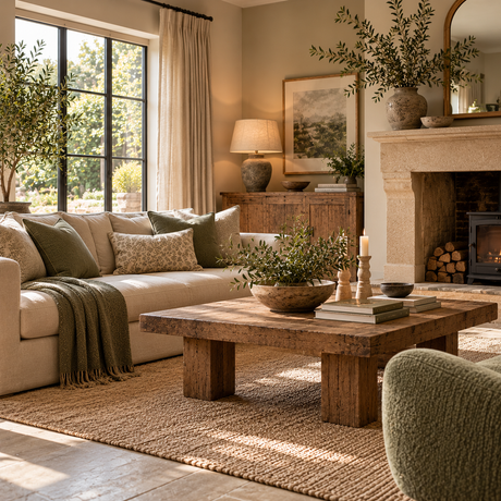 Living room designed with the Full Room Interior Design Service: cream sofa with sage cushions, reclaimed wood coffee table, jute rug and stone fireplace