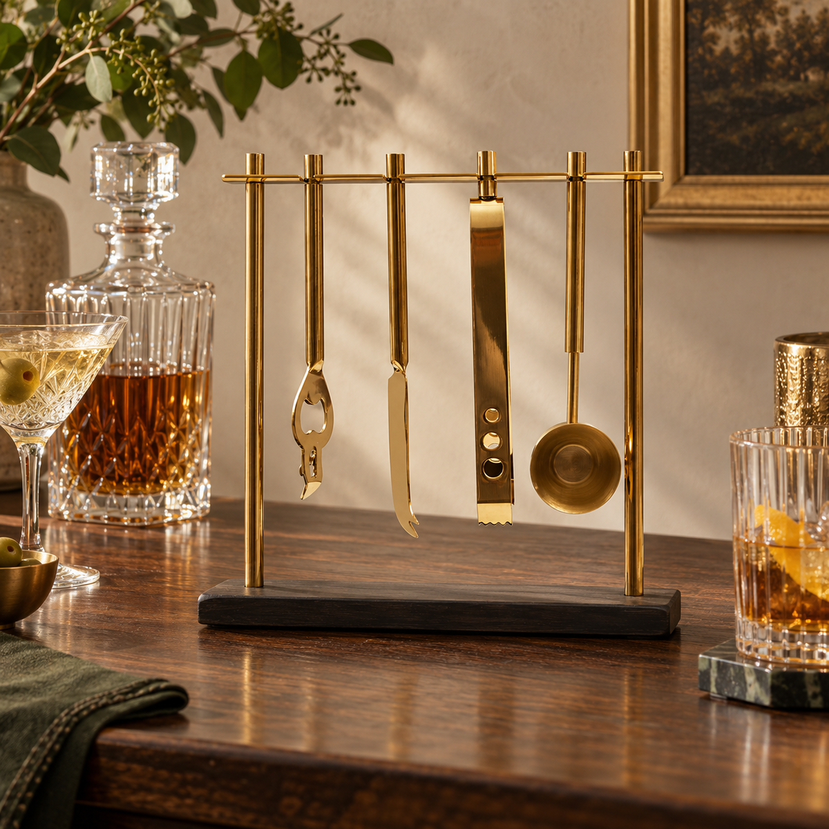 Loxley bar tool set with black slate and gold stand on a wooden sideboard beside decanters and cocktails