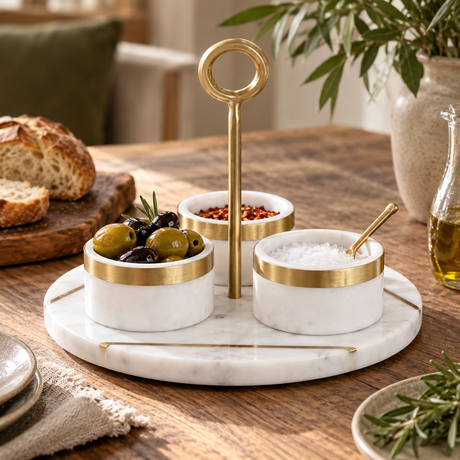 Loxley white marble condiment set with olives, salt and chilli flakes on a wooden dining table