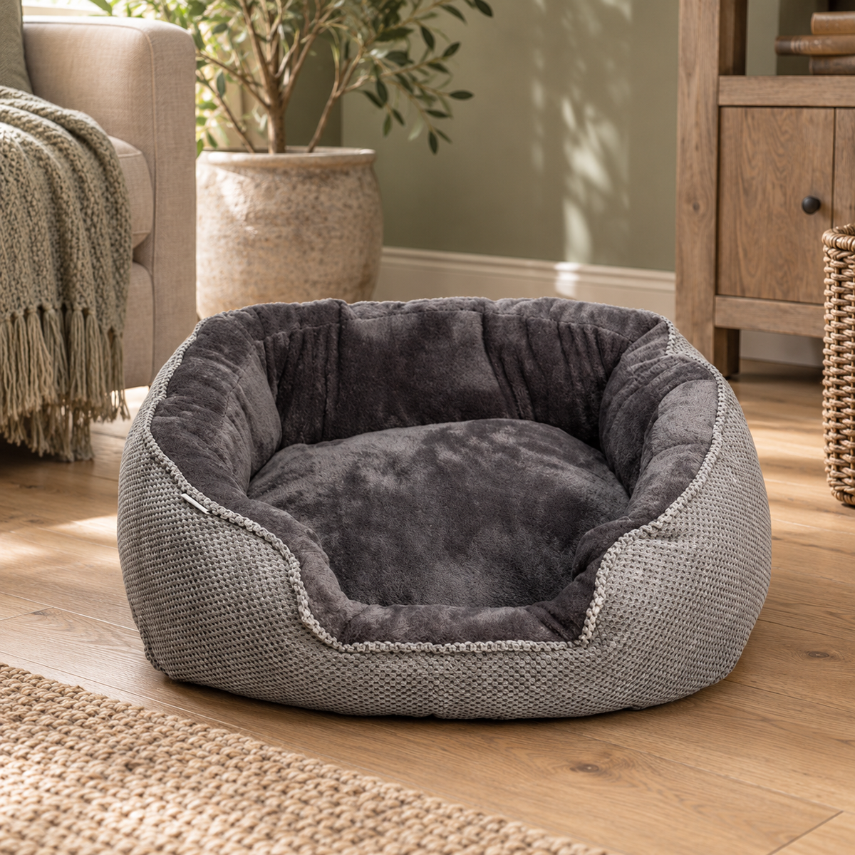 Grey Cord Plush Rectangle Snuggle Dog Bed with a textured grey outer and charcoal plush lining, on a wooden floor beside an armchair