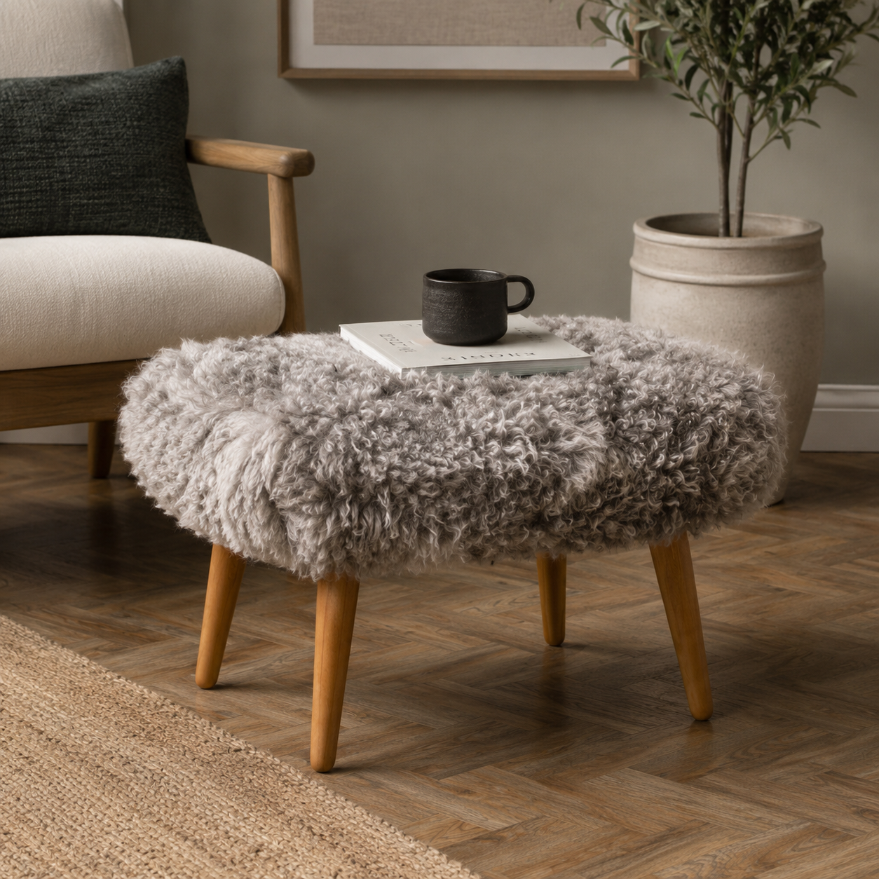 A round sheepskin ottoman stool with light wood legs in a styled living room setting, featuring a grey and white shaggy texture, wooden legs, and a small black mug on top.