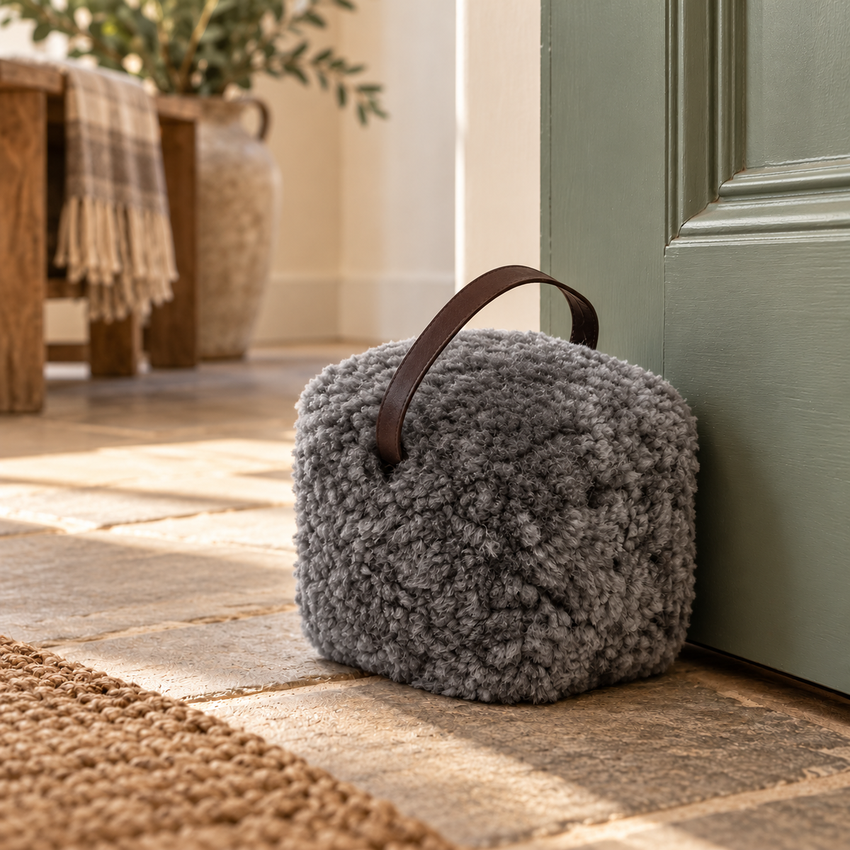 Grey sheepskin doorstop with leather handle holding open a sage green door on a stone hallway floor