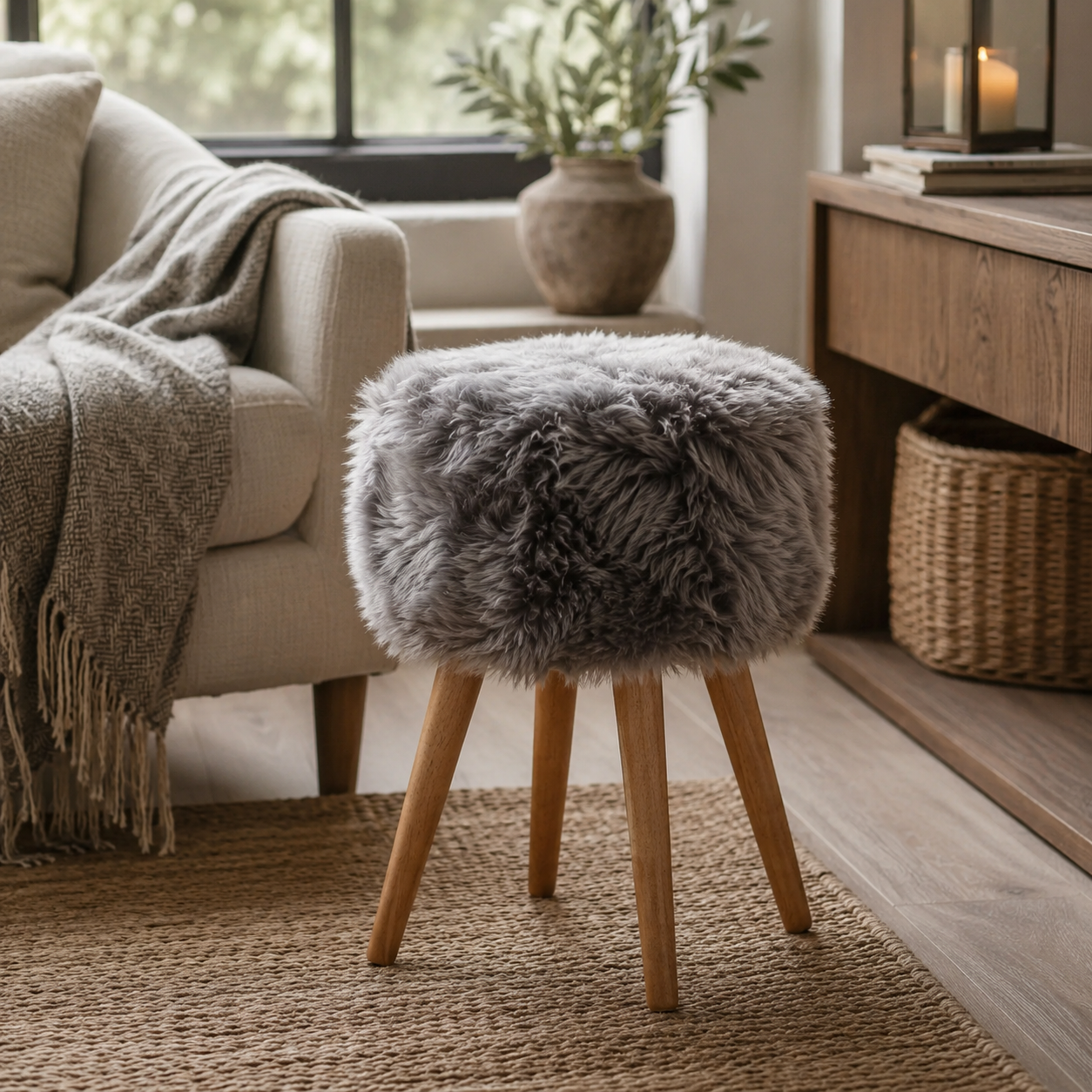 Grey faux-fur stool with wooden legs beside a neutral armchair in a cosy, naturally styled living room.