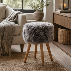 Grey faux-fur stool with wooden legs beside a neutral armchair in a cosy, naturally styled living room.