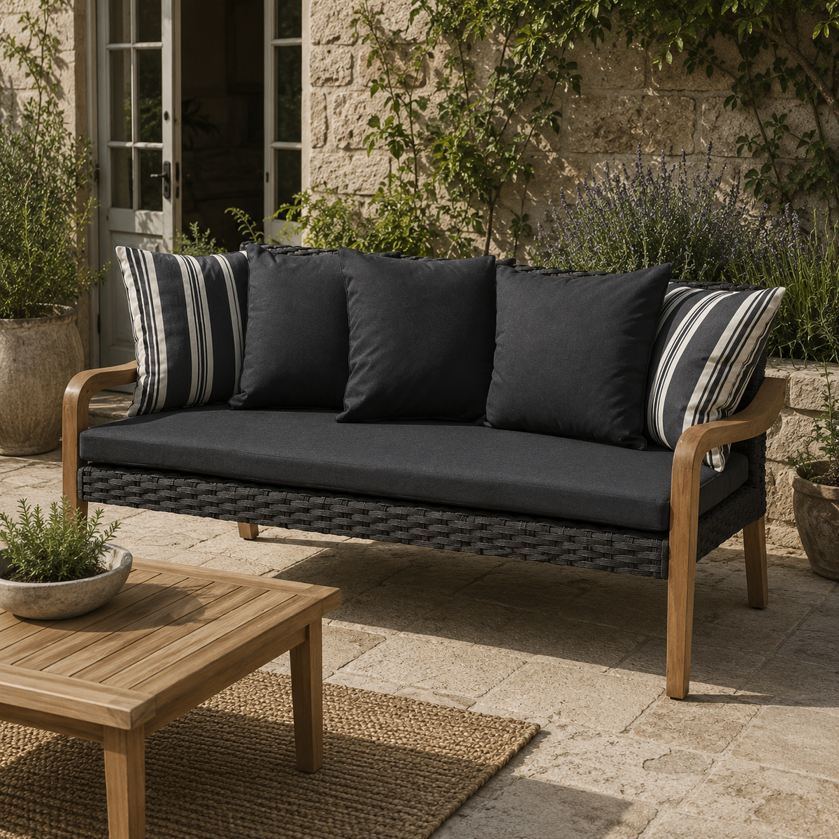 Square lifestyle image of a charcoal woven outdoor sofa with natural wooden arms, styled with black and white striped cushions on a sunlit stone patio surrounded by greenery.