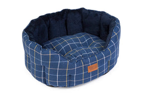 Navy Check Tweed Oval Snuggle Dog Bed