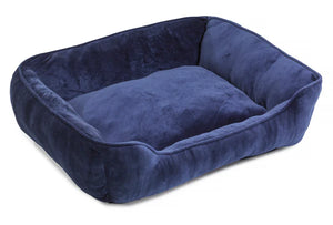 Velvet Navy Dog Bed in deep navy velvet with piped edges and a removable inner cushion, on a white background