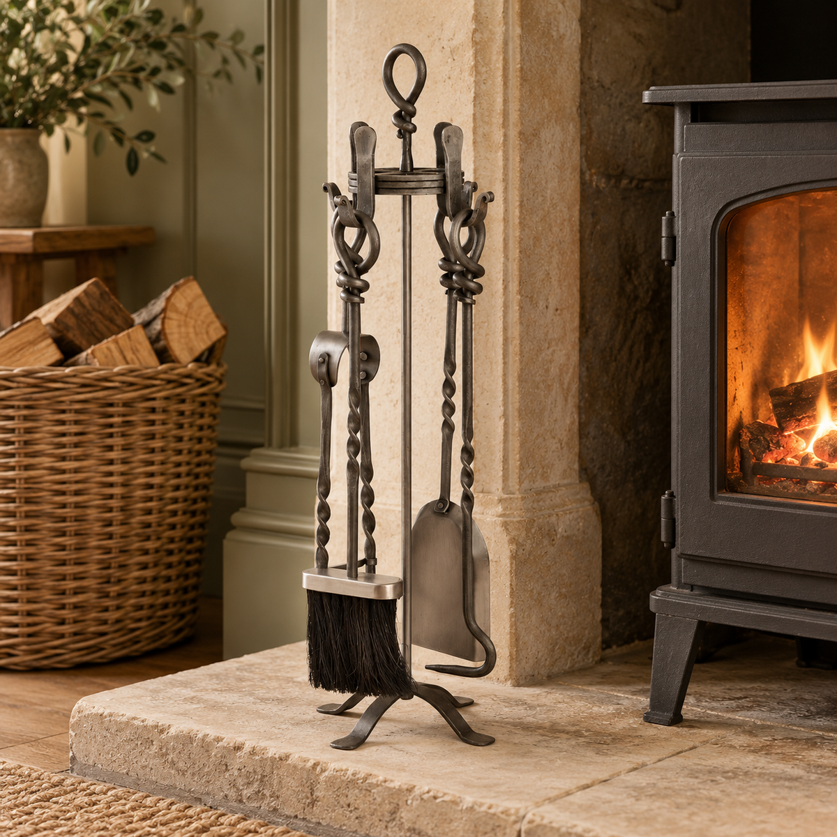 Loop handle companion set on a stone hearth beside a lit wood burner, with a wicker log basket behind.