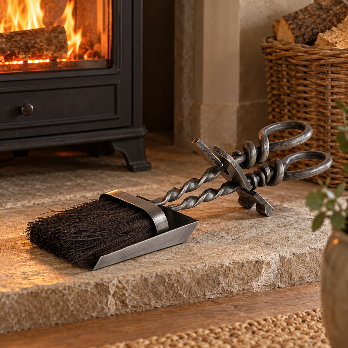 Loop handle hearth tidy with the brush resting in the shovel on a stone hearth in front of a lit wood burner.