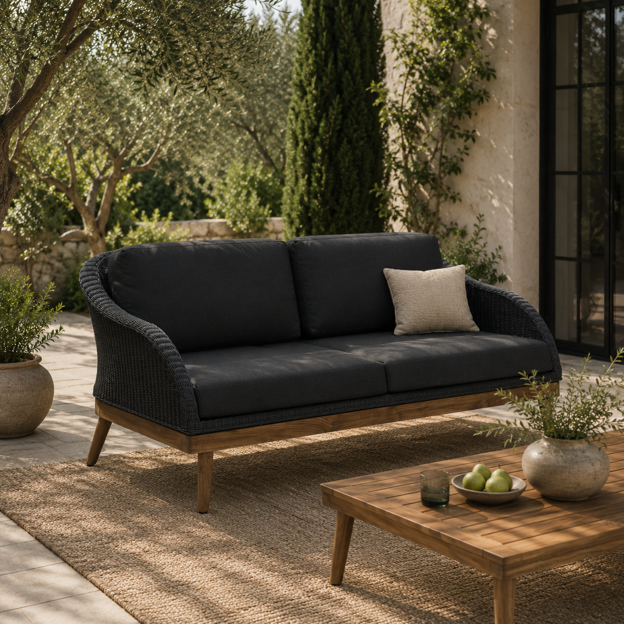 Outdoor sofa with dark cushions on a patio with a wooden table and plants.