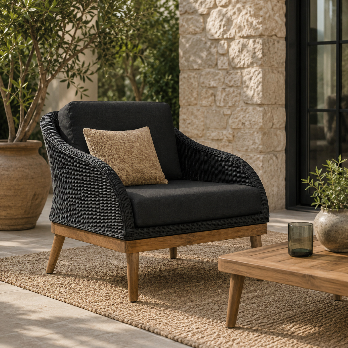 Harris outdoor wicker armchair with a beige cushion on a patio with a stone wall and potted plants.