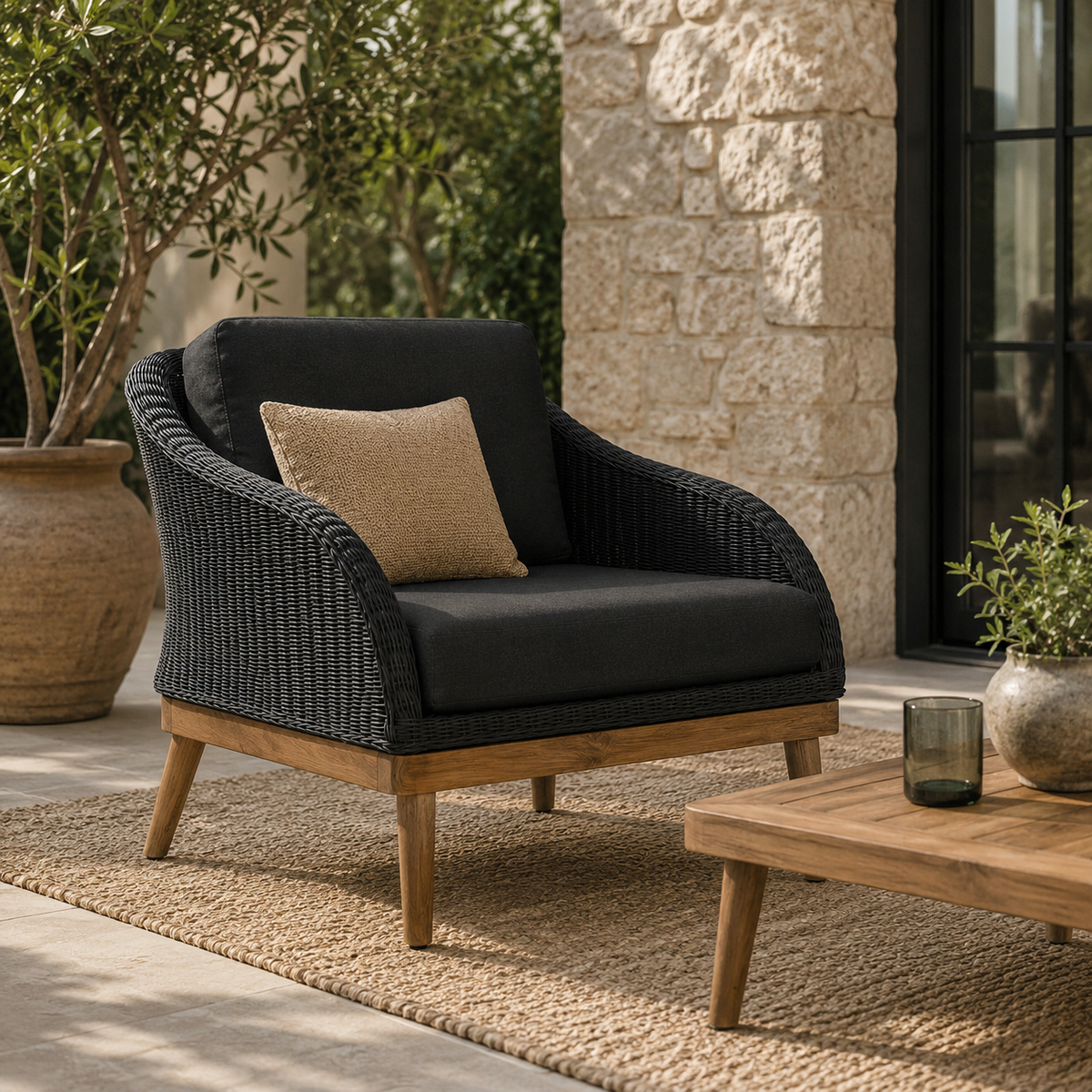 Harris outdoor wicker armchair with a beige cushion on a patio with a stone wall and potted plants.