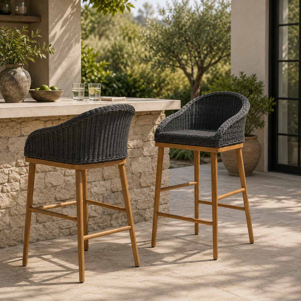 Two outdoor bar stools with woven seats and wooden frames on a patio.