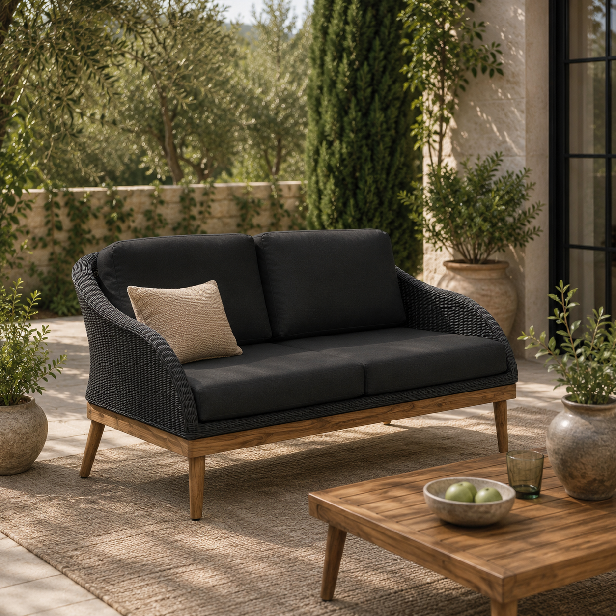 Dark grey outdoor sofa with wooden frame and cushions on a patio with plants and a coffee table.