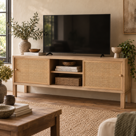 A light natural wood TV stand with woven cane doors and open shelving, styled in a living room setting with a black television, decorative books, and plants.
