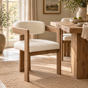 The Hawthorn Grey Mango Wood Dining Chair with a cream bouclé seat and curved back, beside a rustic wooden dining table on a jute rug in a sunlit room.