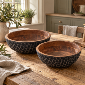 Two Hewn mango wood bowls with black dimpled exteriors on a rustic kitchen table