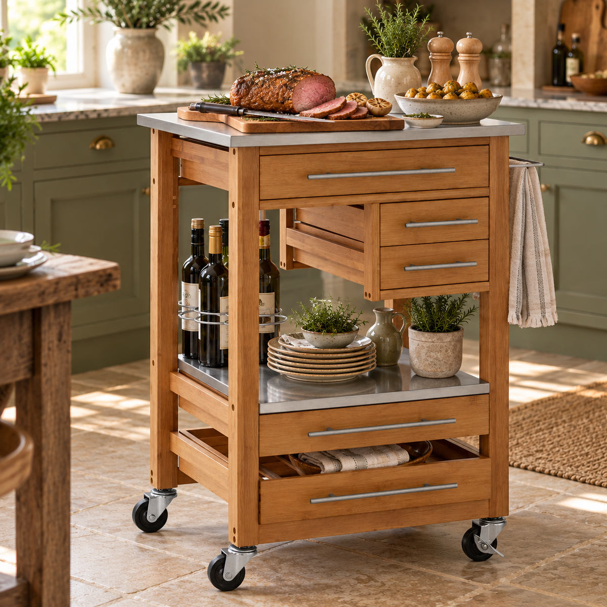 The Homestead Bamboo Four Drawer Kitchen Trolley in a farmhouse kitchen, with a roast and serving dishes on its stainless steel top and wine bottles and plates on the shelf below.