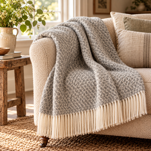 Hoop Pattern Grey Wool Blanket with a cream fringe draped over a cream boucle sofa beside a rustic wooden side table, jute rug and a vase of greenery