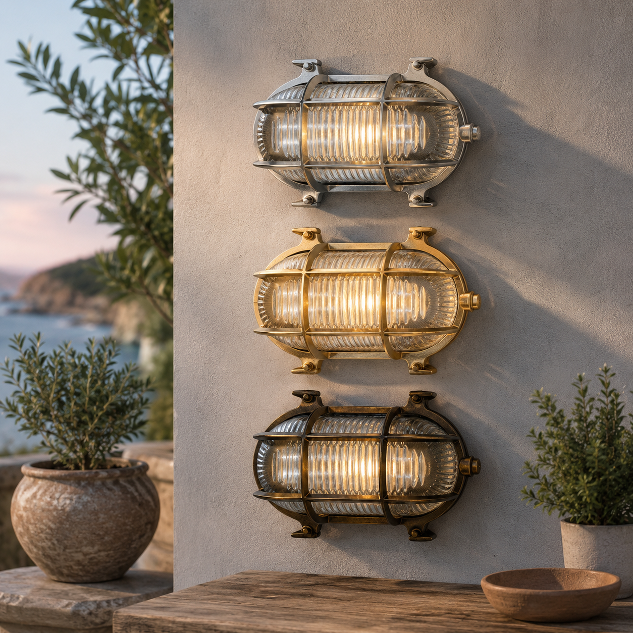 Three outdoor wall lights mounted on a wall with plants and a scenic background.