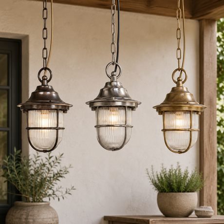 Three hanging outdoor lantern-style pendant lights in antique bronze, dark silver, and brass finishes, suspended over a porch with plants in the foreground.
