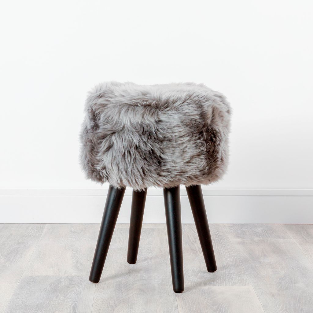 Sheepskin Wood Stool With Black Legs